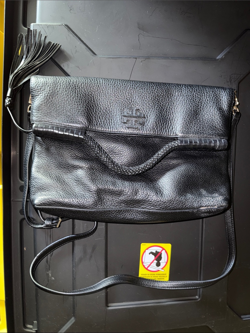 Tory Burch Black Pebbled Leather Fold-Over Crossbody with Tassel